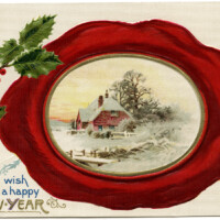John Winsch vintage postcard, wax seal envelope postcard graphics, holly and berries clip art, antique New Year card, old fashioned new year illustration