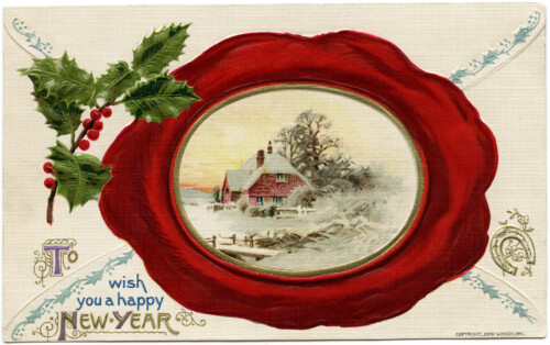 John Winsch vintage postcard, wax seal envelope postcard graphics, holly and berries clip art, antique New Year card, old fashioned new year illustration