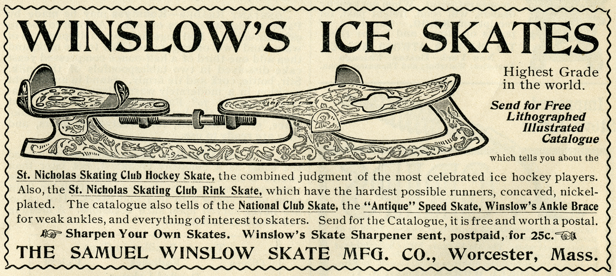 free black and white clip art, vintage skating clipart, old magazine ad, winslow ice skate advertisement, Samuel Winslow Skate Mfg Co