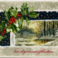 vintage Christmas postcard, Victorian Christmas card, antique Christmas illustration, winter scene clip art, holly and berries