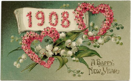 Victorian New Year postcard, vintage floral clip art, old fashioned New Years card, pink floral heart illustration, vintage flower postcard graphic