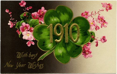 vintage New Year postcard, vintage floral clip art, old fashioned New Years card, four leaf clover 1910 postcard, vintage flower postcard graphic