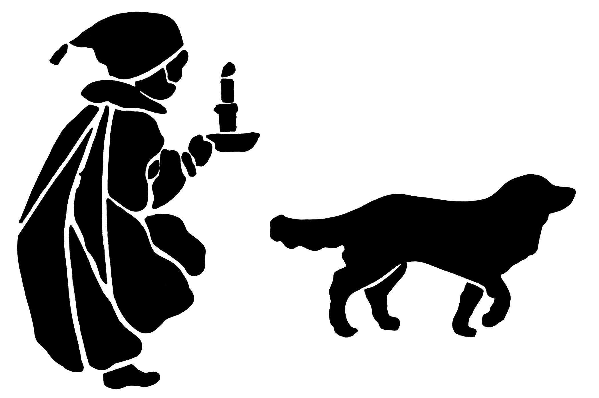 Victorian boy nightgown and cap, boy dog silhouette, black and white graphics, child and dog illustration, vintage boy clip art