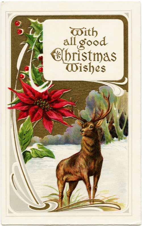 Victorian Christmas postcard, vintage christmas clip art, old fashioned Christmas card, deer in snowy field illustration, deer poinsettia Christmas postcard