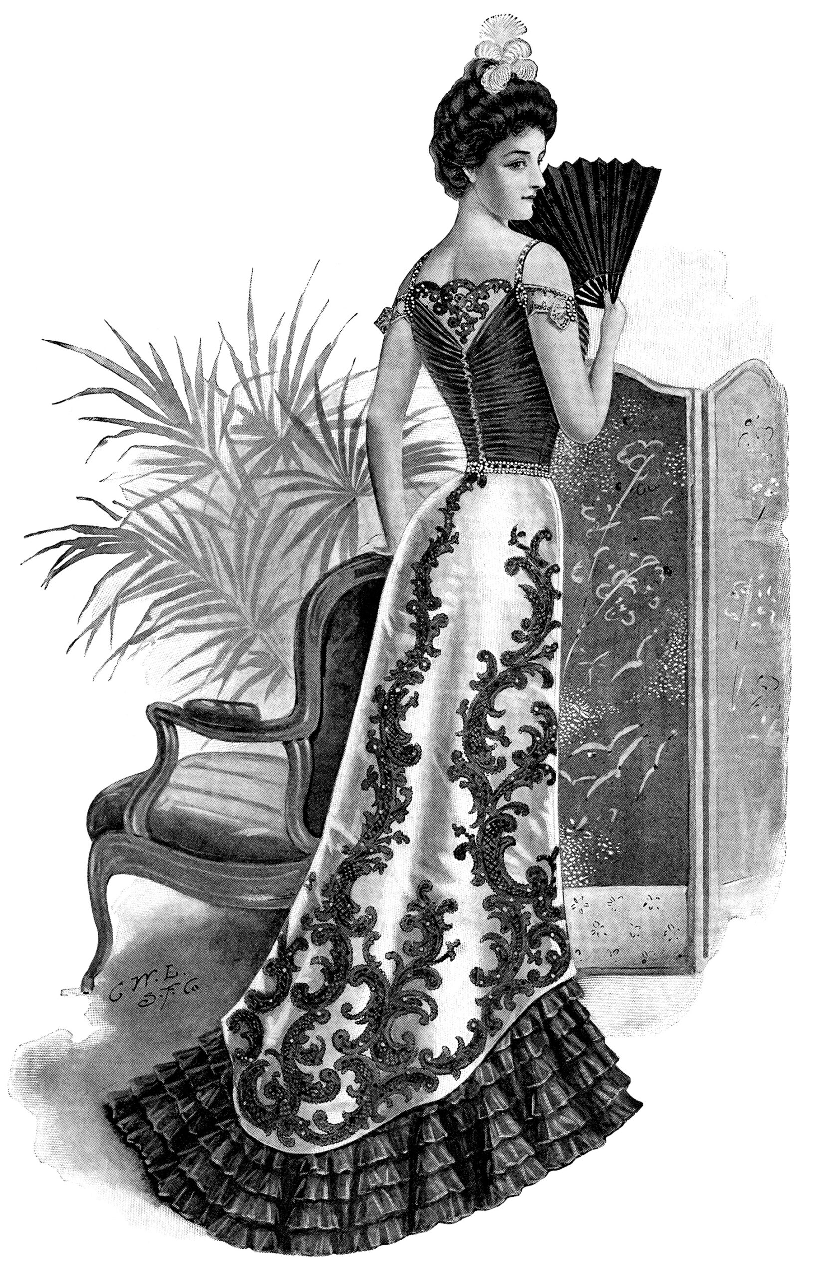 vintage fashion plate, Victorian lady clip art, antique womans dress, vintage ball gown illustration, formal Victorian clothing