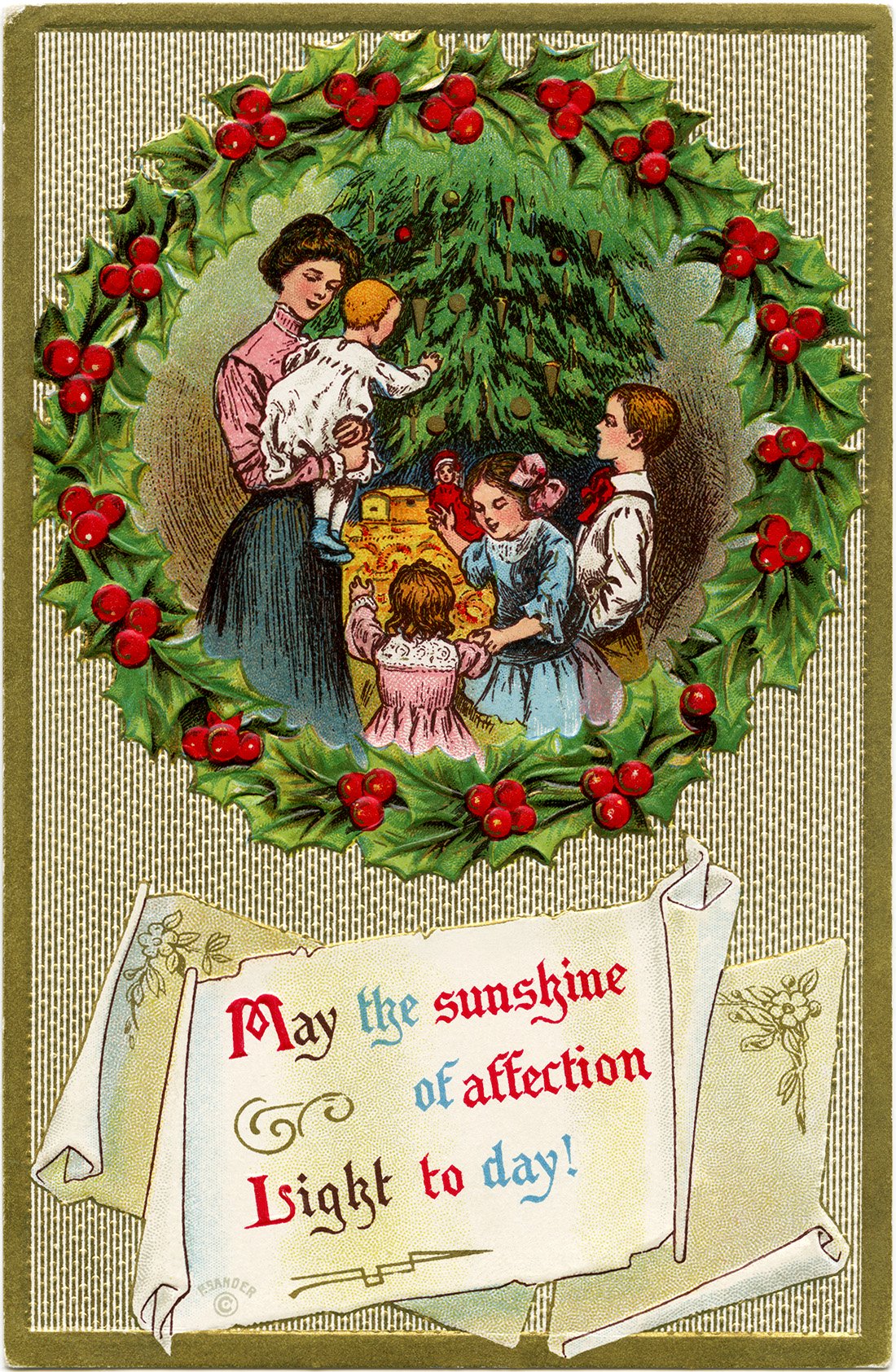 Victorian Christmas clip art, vintage christmas postcard, old fashioned Christmas card, family around Christmas tree, holly berries wreath illustration