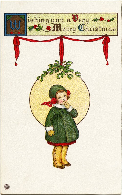 Stecher Christmas postcard, public domain Christmas image, Victorian girl clip art, printable Christmas illustration, old fashioned Christmas card