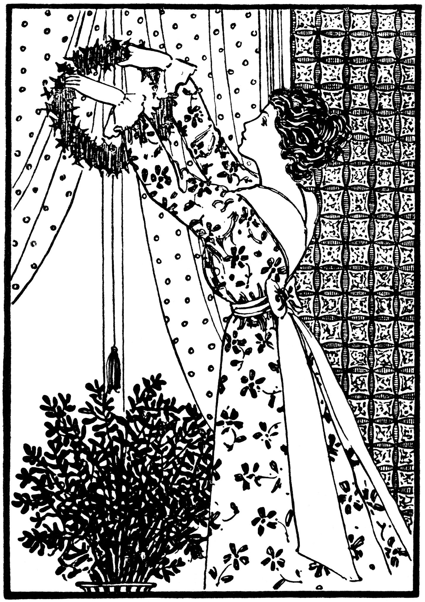 vintage Christmas clip art, Victorian lady hanging wreath, black and white graphics, woman decorating clipart, printable Christmas image