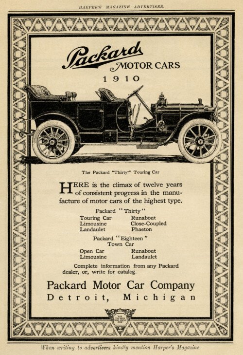 Packard motor car, vintage car clip art, antique vehicle illustration, old magazine advertisement, packard touring car 1910