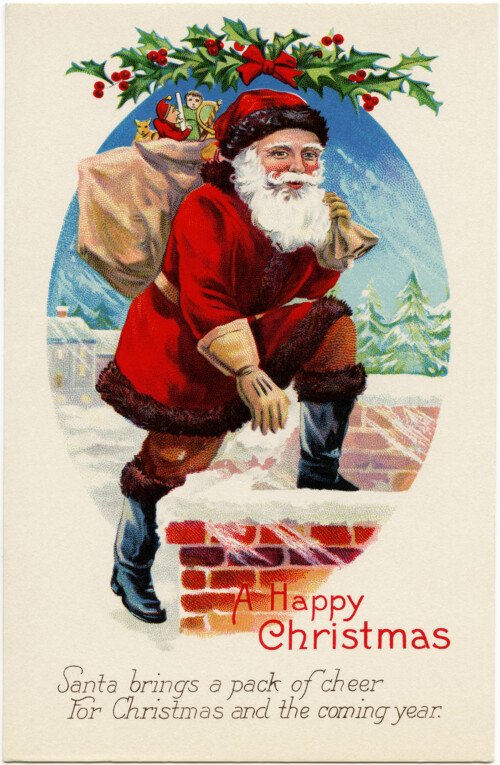 vintage Christmas postcard, vintage santa graphics, printable Christmas illustration, old fashioned Christmas card, santa stepping into chimney