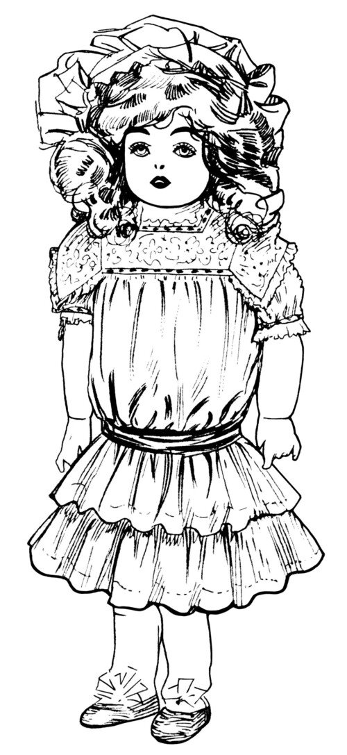 vintage doll clip art, Victorian toys illustration, black and white clip art, antique dolls graphics, old fashioned dollies