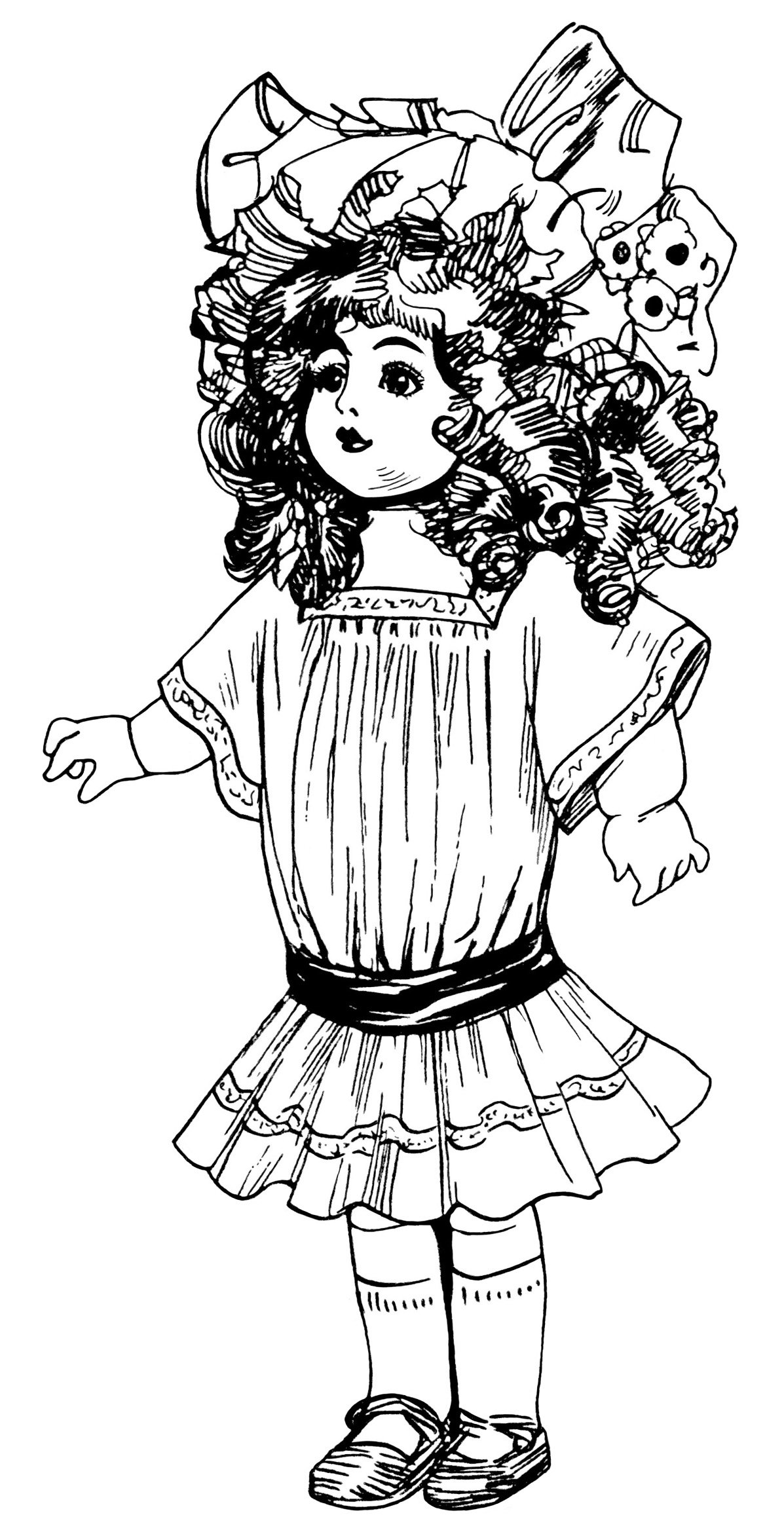 vintage doll clip art, Victorian toys illustration, black and white clip art, antique dolls graphics, old fashioned dollies
