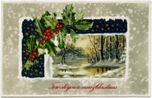 vintage Christmas postcard, Victorian Christmas card, antique Christmas illustration, winter scene clip art, holly and berries