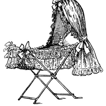 baby bassinet clip art, black and white graphics, vintage baby printable, antique babies bed illustration, Victorian nursery furniture clipart