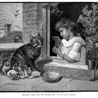 Victorian girl and kittens, cat’s cradle, game with string, vintage cat kitten illustration, black and white graphics