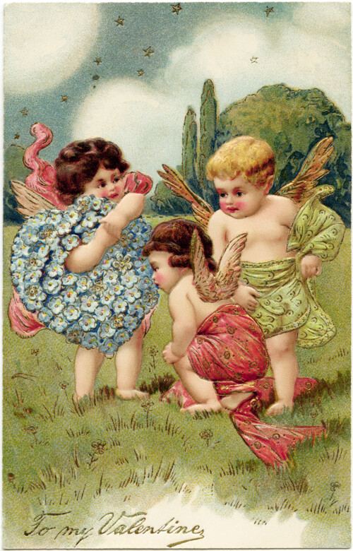 vintage valentine postcard, cherubs clip art, old fashioned valentine card, vintage angels illustration, printable valentines day card