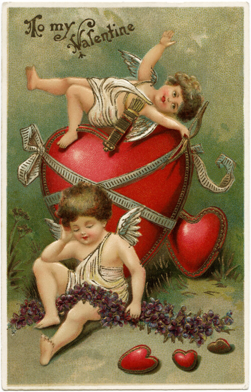 vintage valentine postcard, cherubs and hearts clip art, old fashioned valentine card, vintage cupid illustration, printable valentines day card