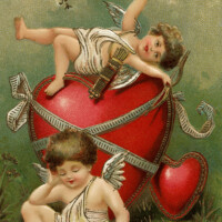 Free vintage clip art valentine postcard cupid cherub red hearts