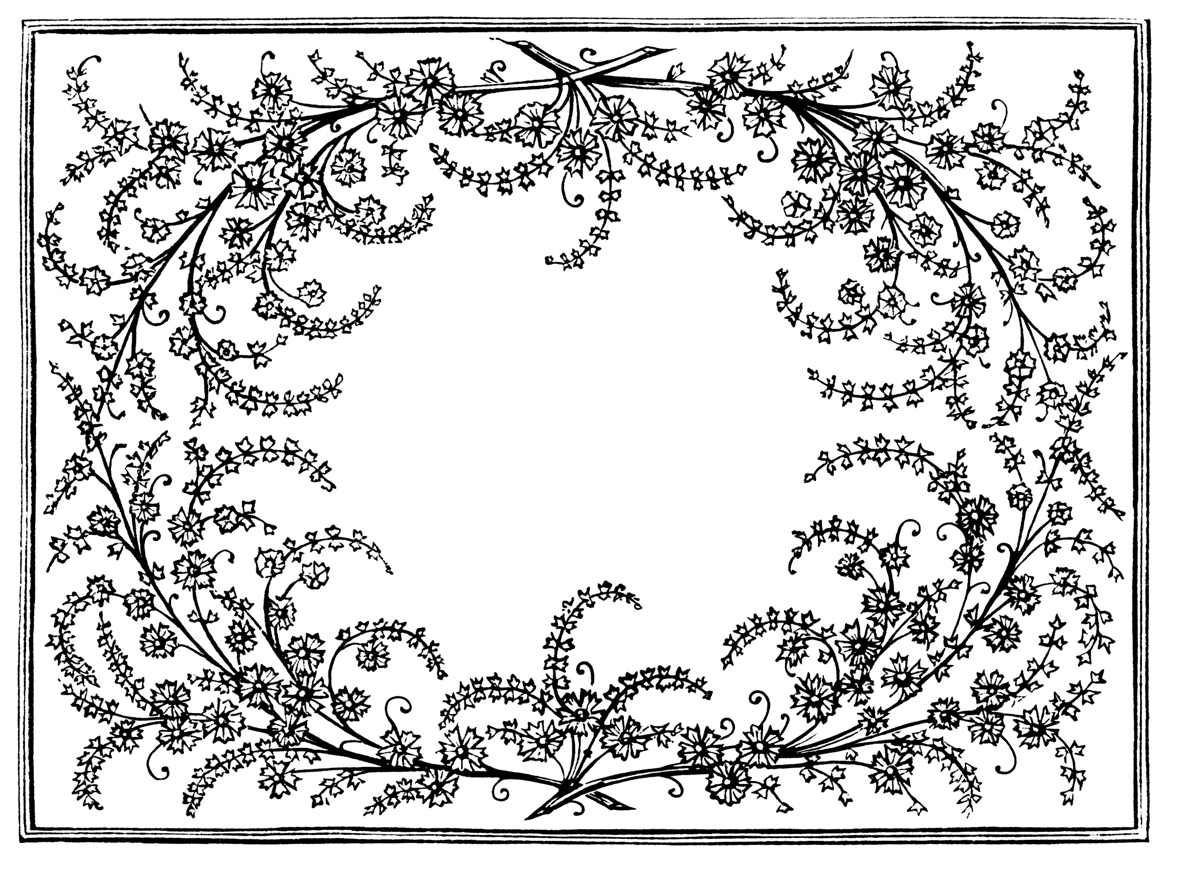 frame clip art, black and white graphics, vintage flowers leaves design, ornamental swirl frame, vintage floral illustration