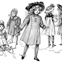 vintage children clip art, Edwardian girls fashion, free black and white clipart, playing in snow illustration, children outdoors printable