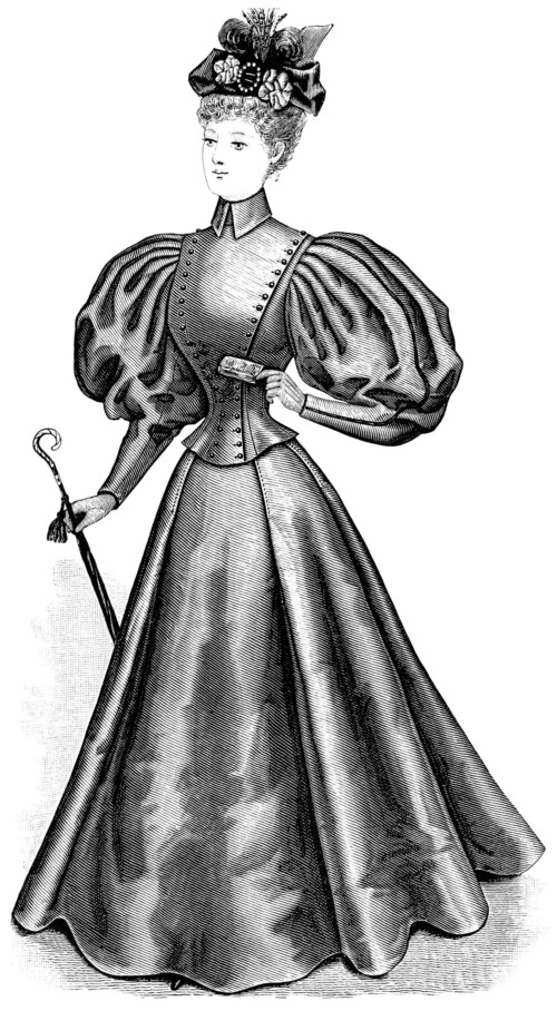 Victorian lady clip art, ladies promenade toilette, black and white illustration, vintage woman clipart, Victorian fashion image, antique clothing graphics