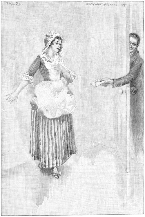 An engraving of a man passing a valentine in an envelope to a Victorian maiden through a crack in an open door accompanies the poem.