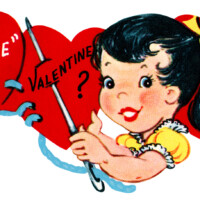 sew be mine valentine, vintage valentine clip art, girl sewing hearts, retro valentine card, printable valentines, old fashioned childrens valentine