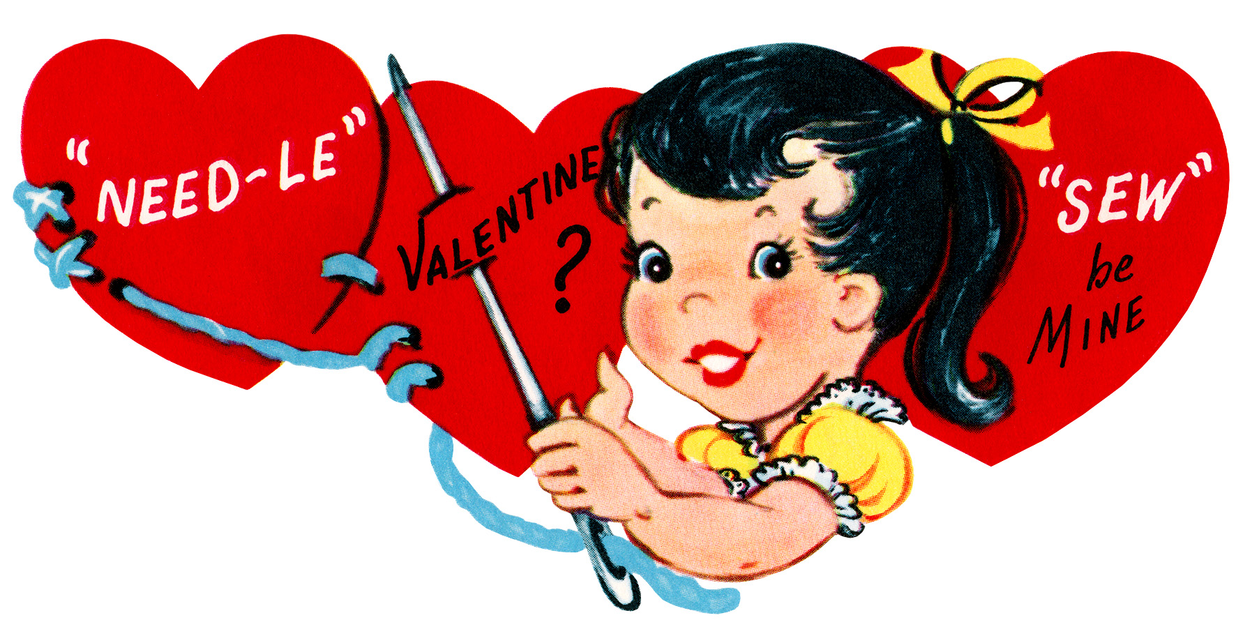 sew be mine valentine, vintage valentine clip art, girl sewing hearts, retro valentine card, printable valentines, old fashioned childrens valentine