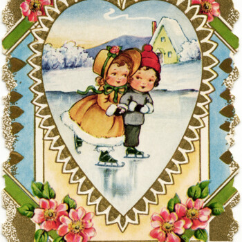 free vintage valentine, Victorian valentine printable, old fashioned valentine card, valentine graphics, children skating clip art, kids at beach clipart