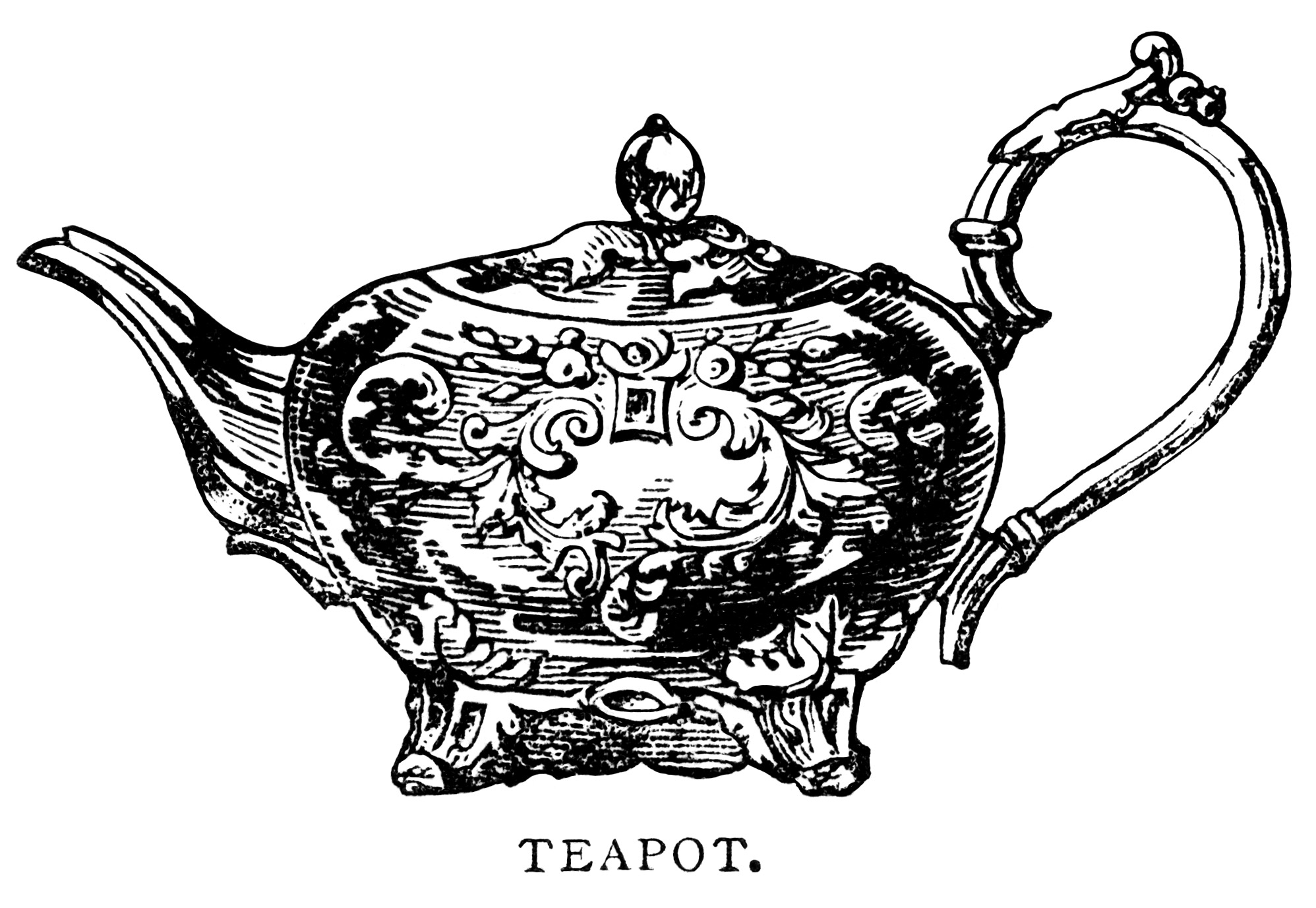 teapot clip art, black and white graphics, vintage tea pot printable, antique teapot illustration, vintage kitchen clipart