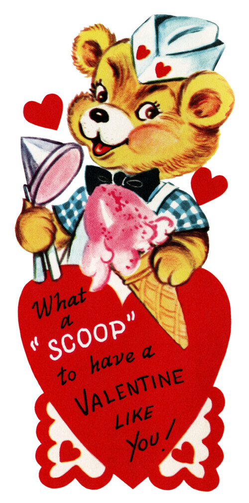 teddy bear valentine, vintage valentine clip art, teddybear scooping ice cream, retro valentine card, printable valentine