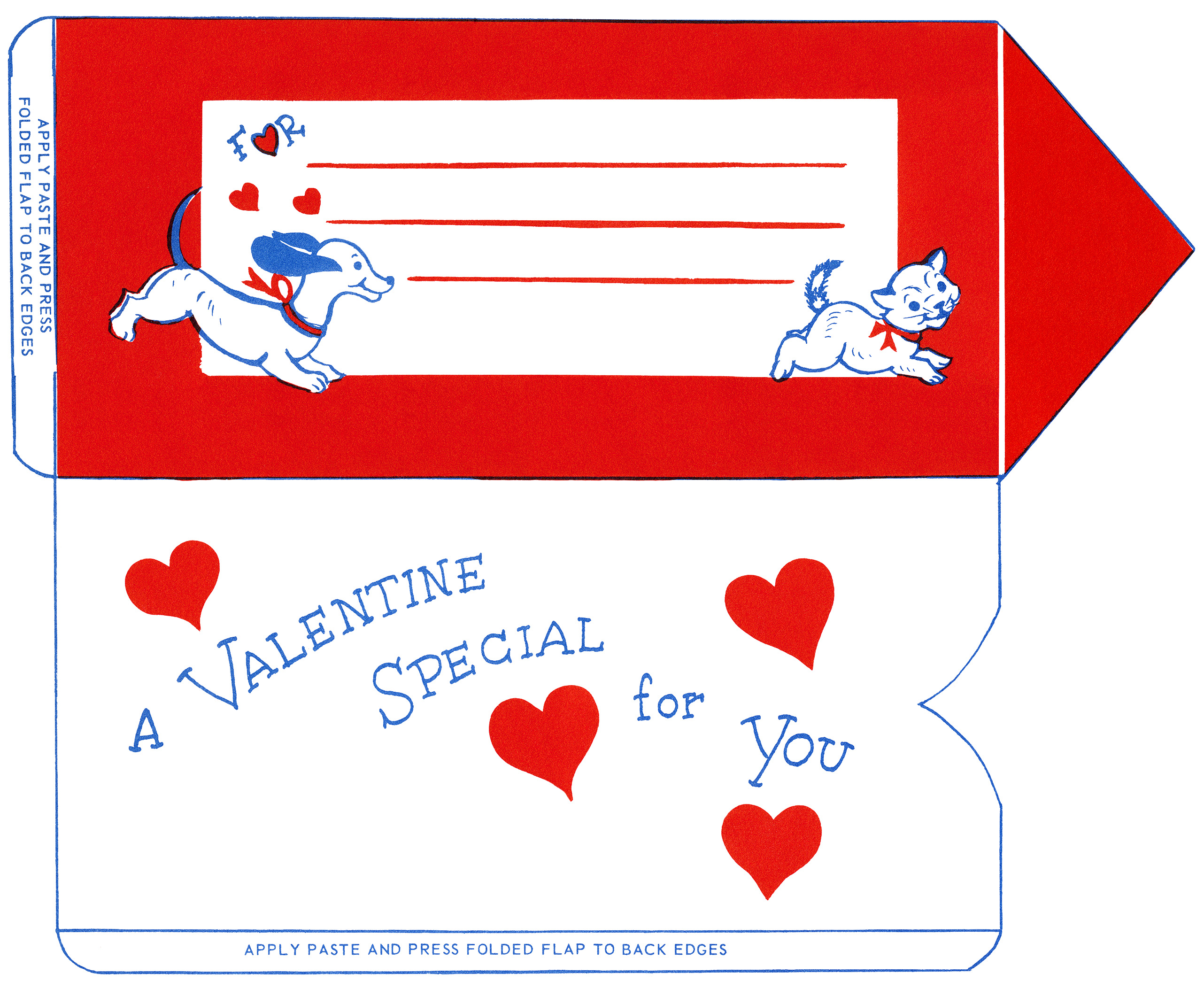 vintage valentine clip art, retro valentine envelope, puppy kitten valentine, printable envelope, old fashioned foldable envelope