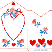 vintage valentine clip art, retro valentine envelope, hearts roses illustration, printable envelope, red blue feminine design