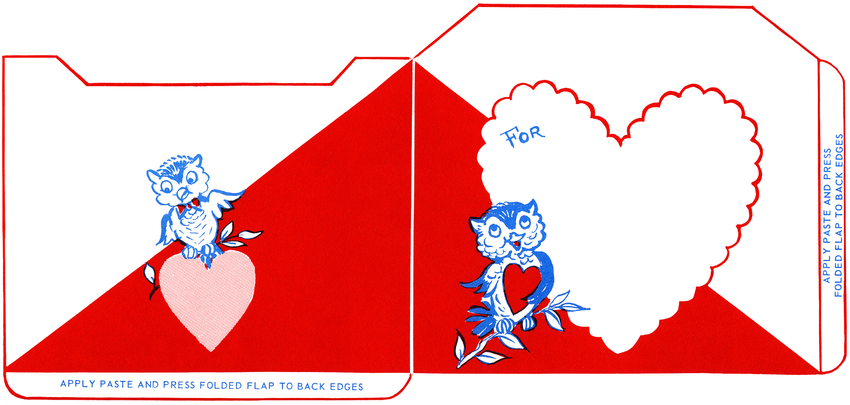 vintage owl valentine clip art, retro valentine envelope, cute owl illustration, printable envelope, red blue owls hearts graphic