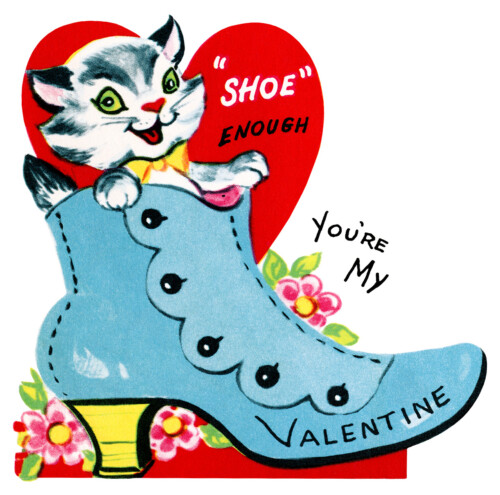 kitten in shoe valentine, vintage valentine clip art, retro valentine card, printable valentines, old fashioned childrens valentine