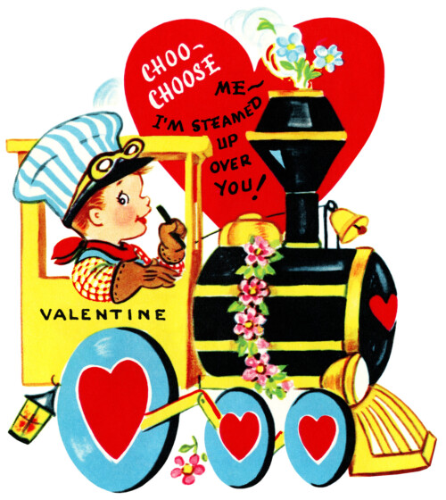 train valentine, vintage valentine clip art, boy engineer driving train, retro valentine card, printable valentines, old fashioned childrens valentine