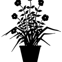 vintage flower clip art, flowering plant silhouette, black and white graphic, plant in pot illustration, floral silhouette clipart image
