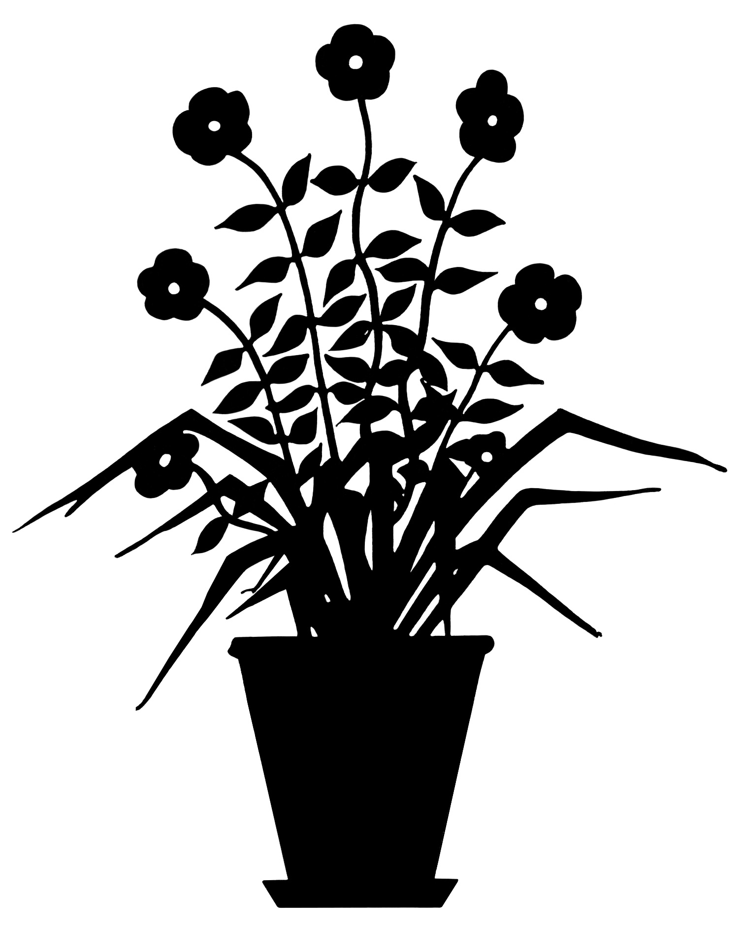 vintage flower clip art, flowering plant silhouette, black and white graphic, plant in pot illustration, floral silhouette clipart image