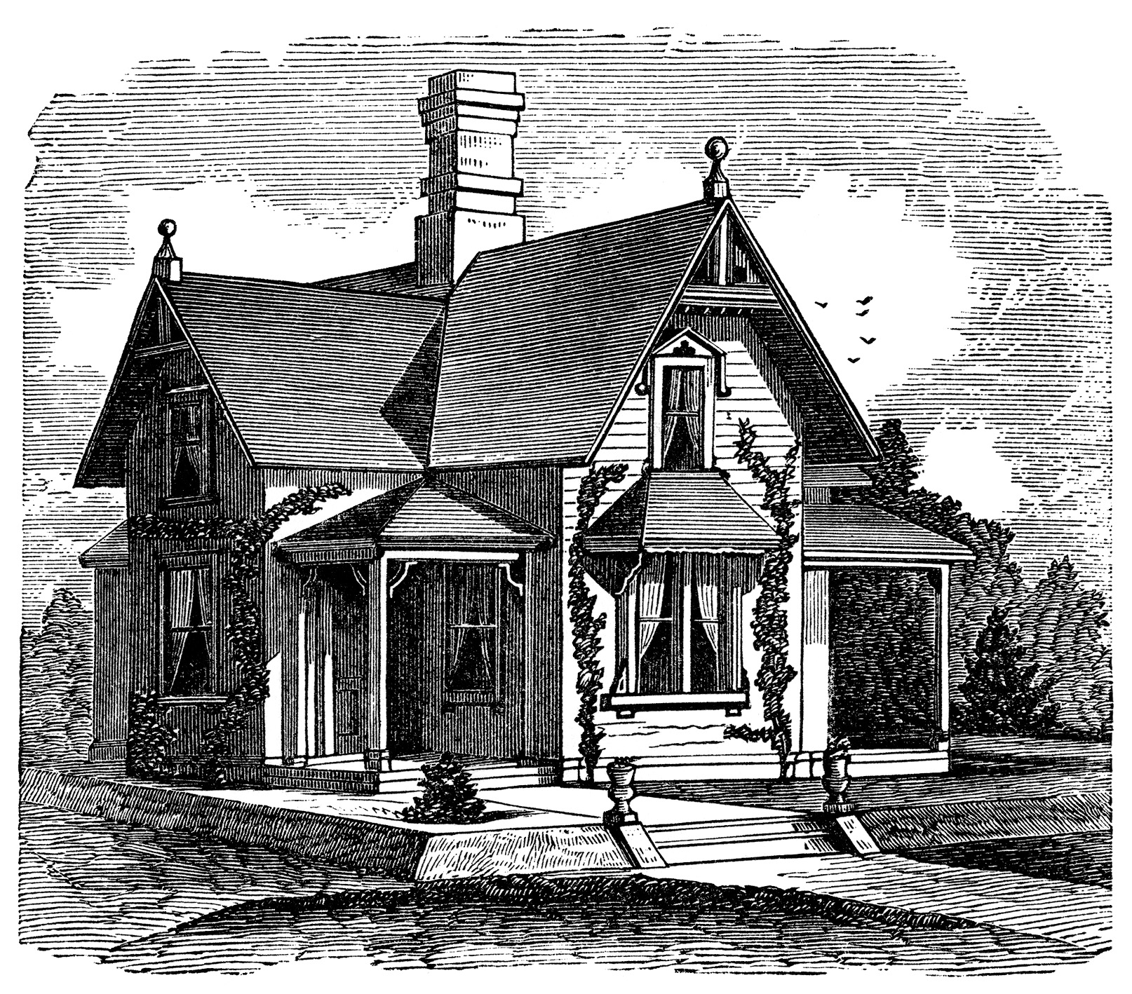 antique house illustration, black and white clipart, old fashioned cottage, Victorian house image, vintage home clip art
