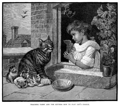 Victorian girl and kittens, cat’s cradle, game with string, vintage cat kitten illustration, black and white graphics