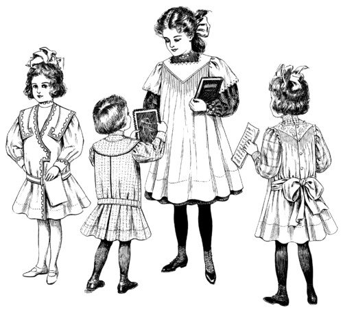 vintage children clip art, Edwardian girls fashion, free black and white clipart, school child illustration, old fashioned kids printable