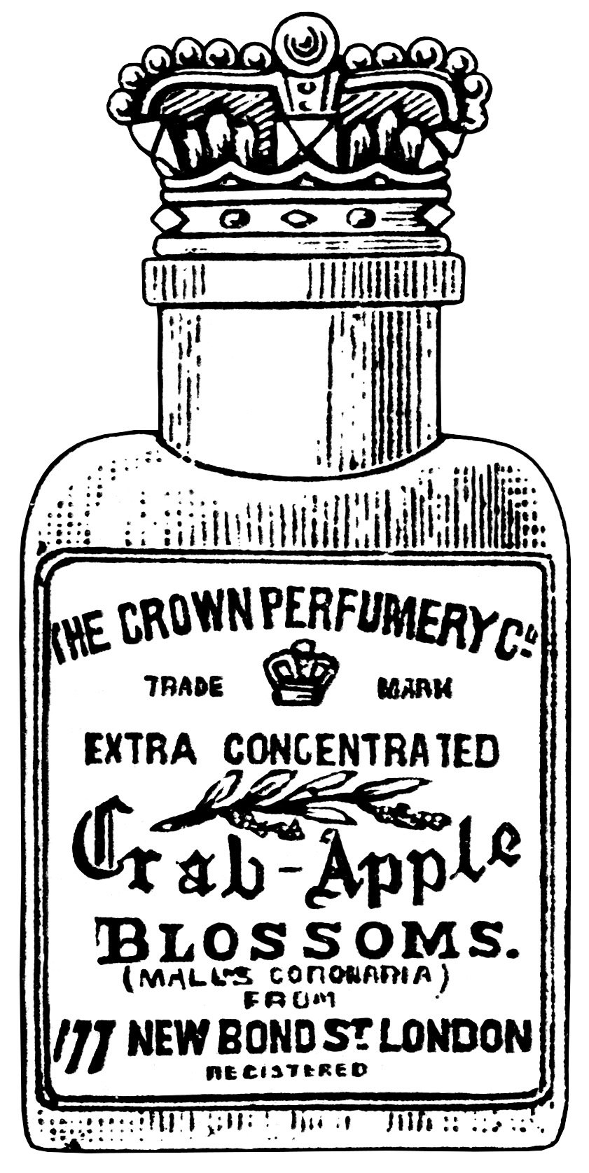 crown perfumery co, crab apple blossoms, junk journal printable, vintage perfume clip art, black and white graphics