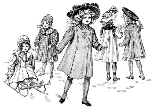 vintage children clip art, Edwardian girls fashion, free black and white clipart, playing in snow illustration, children outdoors printable