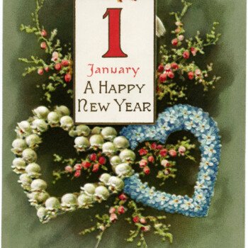 vintage New Year bird postcard, vintage floral clip art, old fashioned New Years card, vintage flower heart graphic, dove flowers January 1 illustration