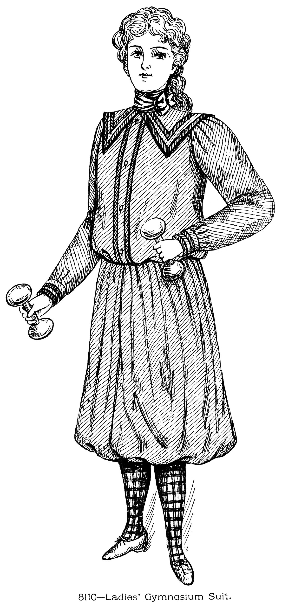 Victorian exercise clothes, old fashioned ladies gym suit, black and white graphics, vintage fashion clip art, Victorian lady lifting weights