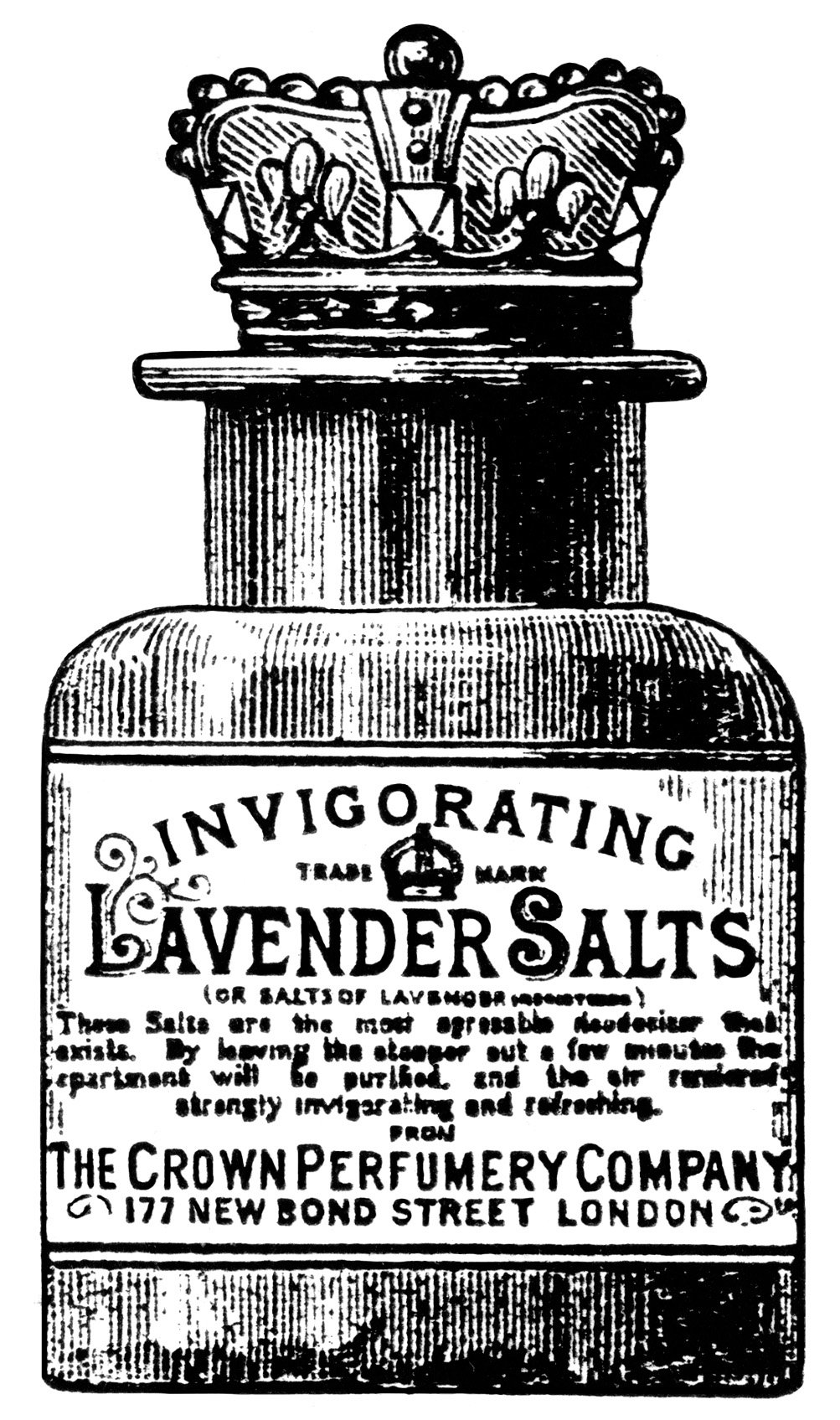 crown perfumery co, lavender salts illustration, junk journal printable, vintage perfume clip art, black and white graphics