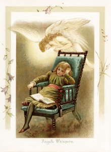 vintage storybook illustration, angel whispers, Victorian child reading, sunbeams and me, vintage angel printable