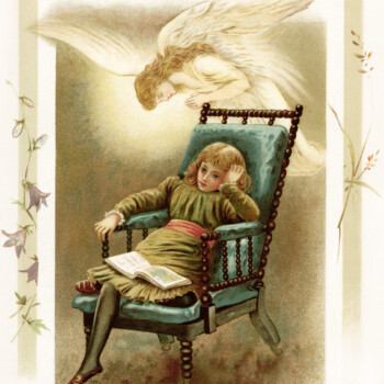vintage storybook illustration, angel whispers, Victorian child reading, sunbeams and me, vintage angel printable