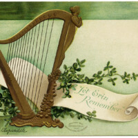 St Patrick’s Day postcard, let erin remember, Ellen Clapsaddle, vintage postcard printable, free vintage ephemera, Irish harp shamrock clip art