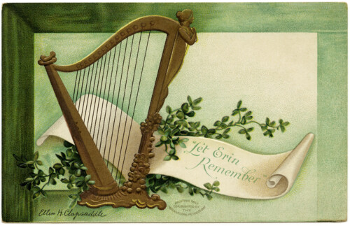 St Patrick’s Day postcard, let erin remember, Ellen Clapsaddle, vintage postcard printable, free vintage ephemera, Irish harp shamrock clip art